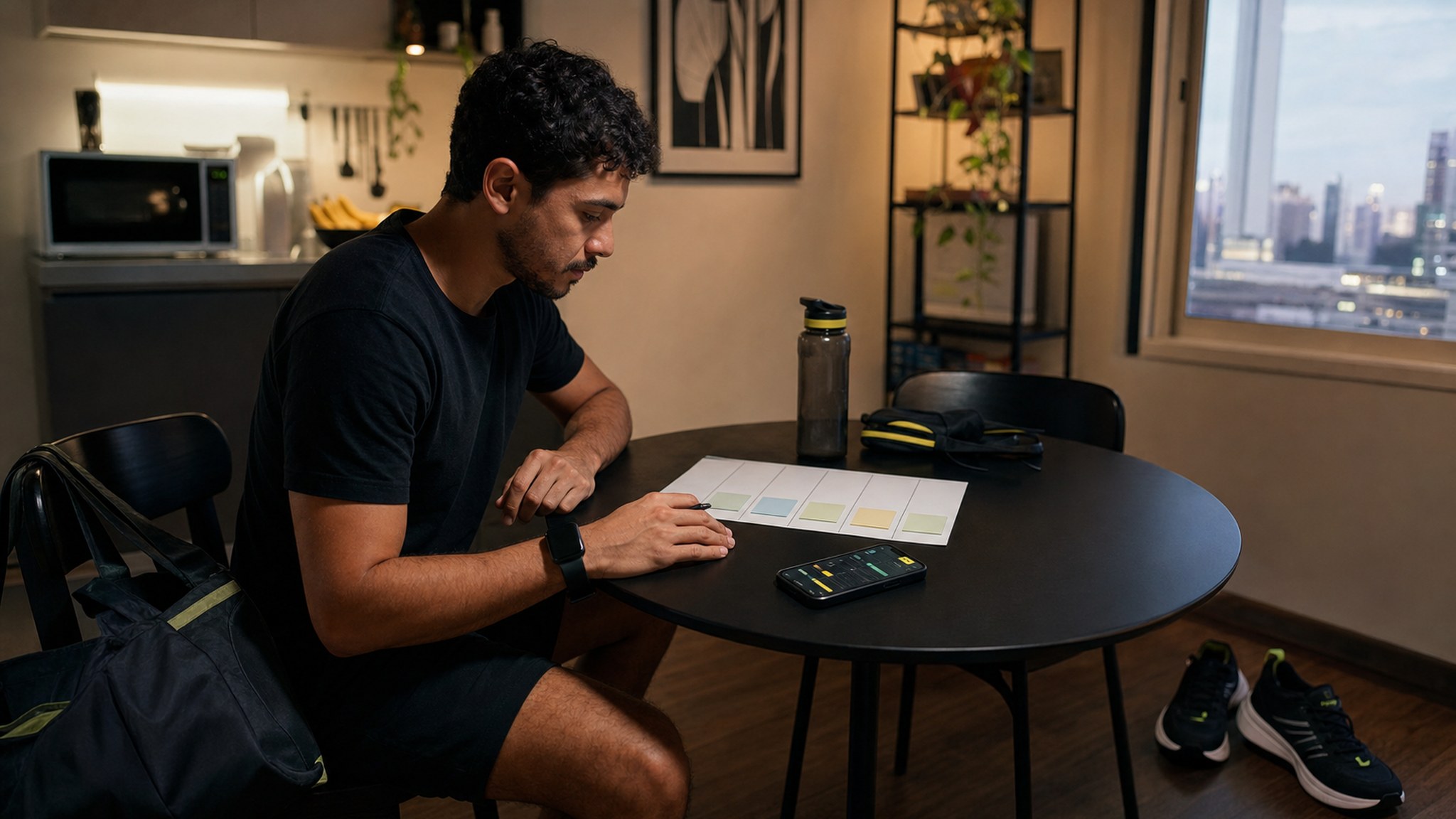 Homem revisando a semana de treino em uma mesa de casa, com tênis, bolsa e celular ao lado.