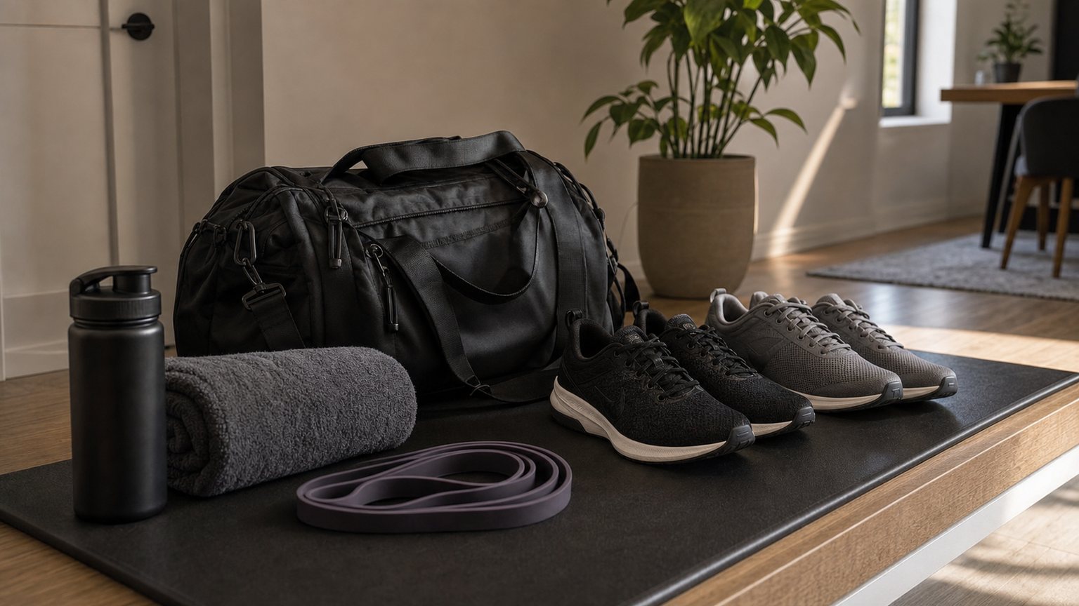 Bolsa de treino, t&ecirc;nis, toalha, garrafa e el&aacute;stico organizados para a semana.