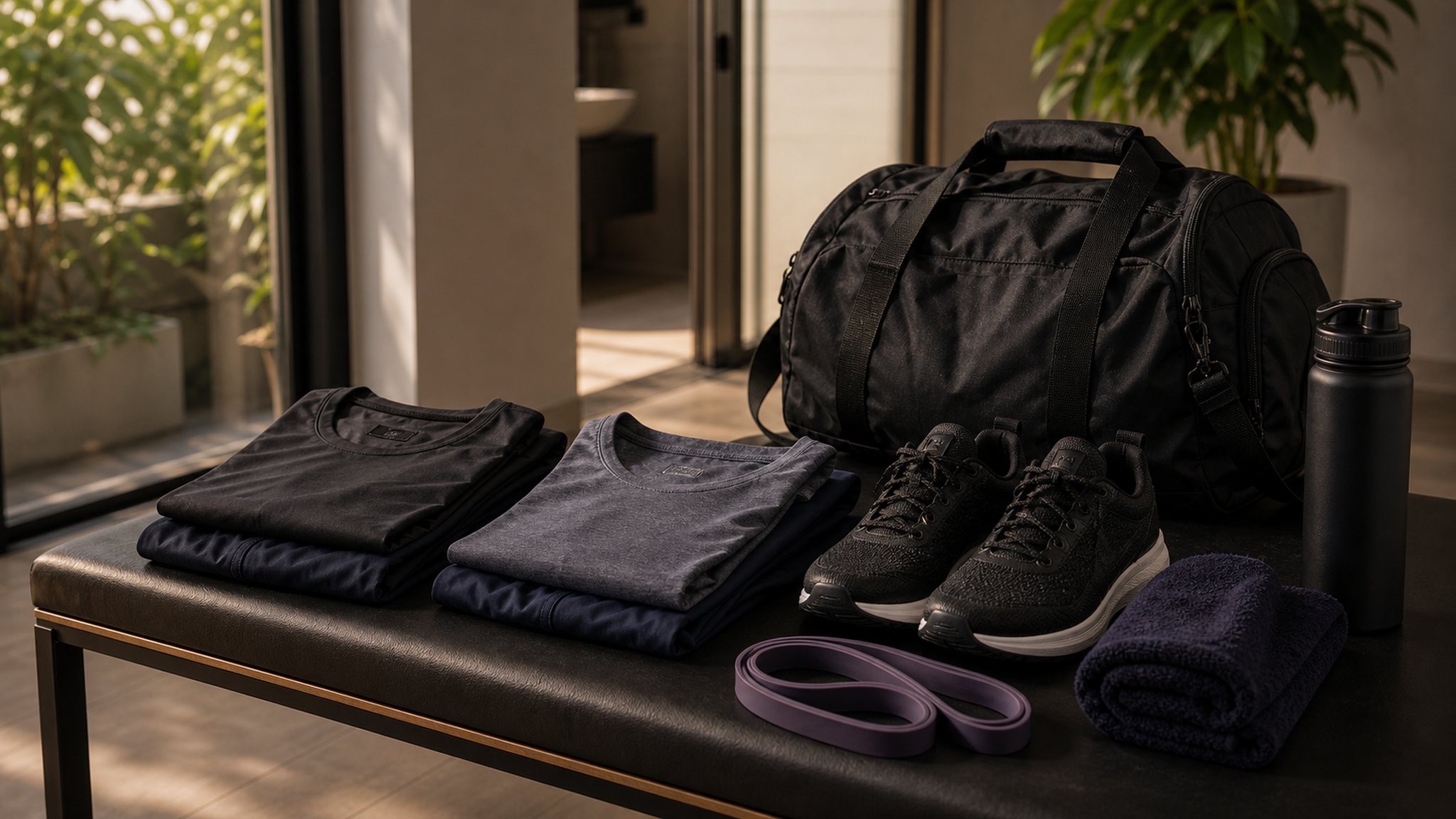 Roupas de treino dobradas, bolsa, t&ecirc;nis, toalha, garrafa e el&aacute;stico em uma bancada.