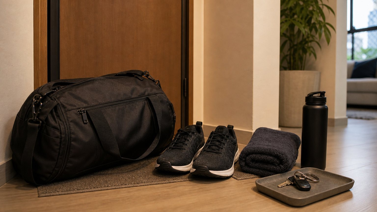 Bolsa de treino, t&ecirc;nis, toalha, garrafa e chaves organizados perto da porta.
