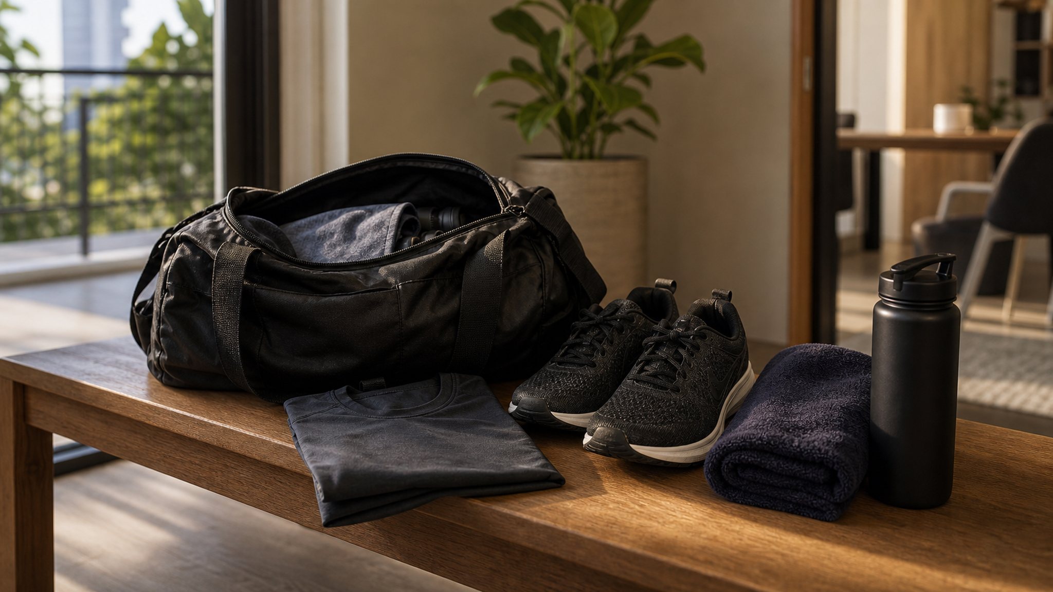 Bolsa de treino aberta, t&ecirc;nis, roupa dobrada, toalha e garrafa em uma bancada de casa.
