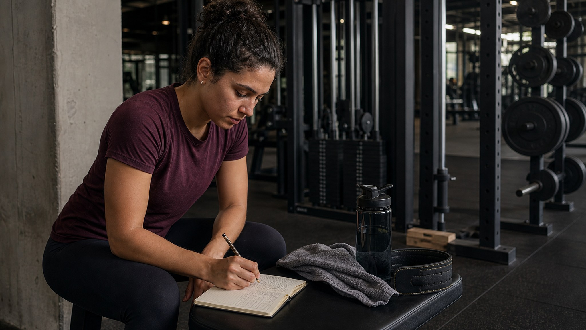 Mulher anotando o treino em um caderno pequeno durante o intervalo entre séries, sentada em um banco perto dos equipamentos de musculação.