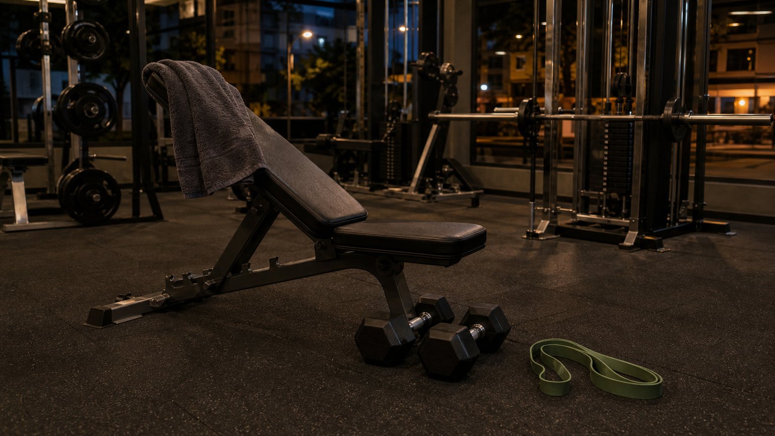 Banco de academia vazio com halteres, el&aacute;stico e toalha em uma esta&ccedil;&atilde;o simples de treino.