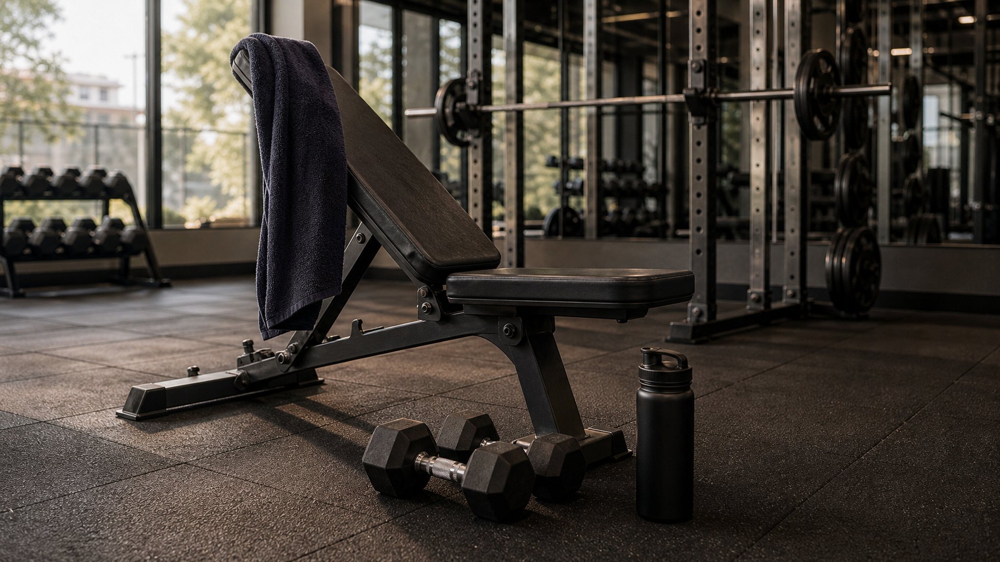 Banco de academia, halteres, toalha e garrafa em uma esta&ccedil;&atilde;o simples de treino.