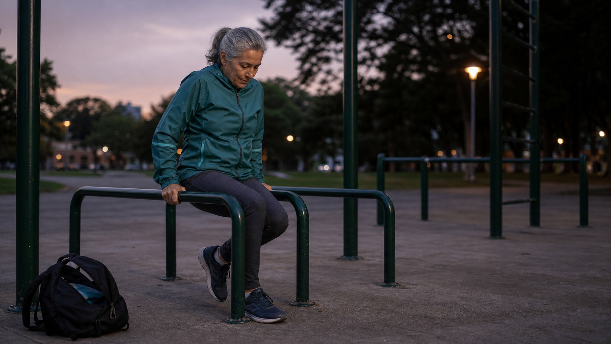 Mulher mais velha terminando um exerc&iacute;cio simples em barras de parque, refor&ccedil;ando consist&ecirc;ncia e repeti&ccedil;&atilde;o vi&aacute;vel.