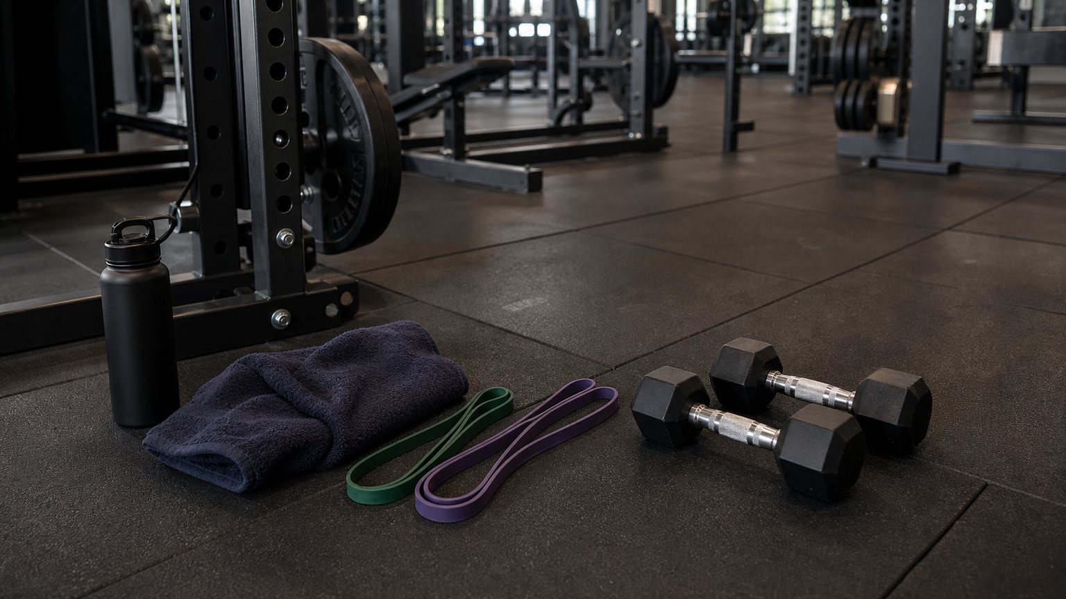 Halteres, el&aacute;sticos, toalha e garrafa perto de uma estrutura de muscula&ccedil;&atilde;o.