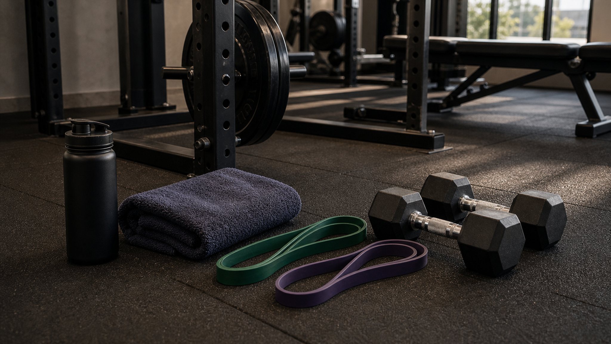 Halteres, el&aacute;sticos, toalha e garrafa perto de uma estrutura de muscula&ccedil;&atilde;o.