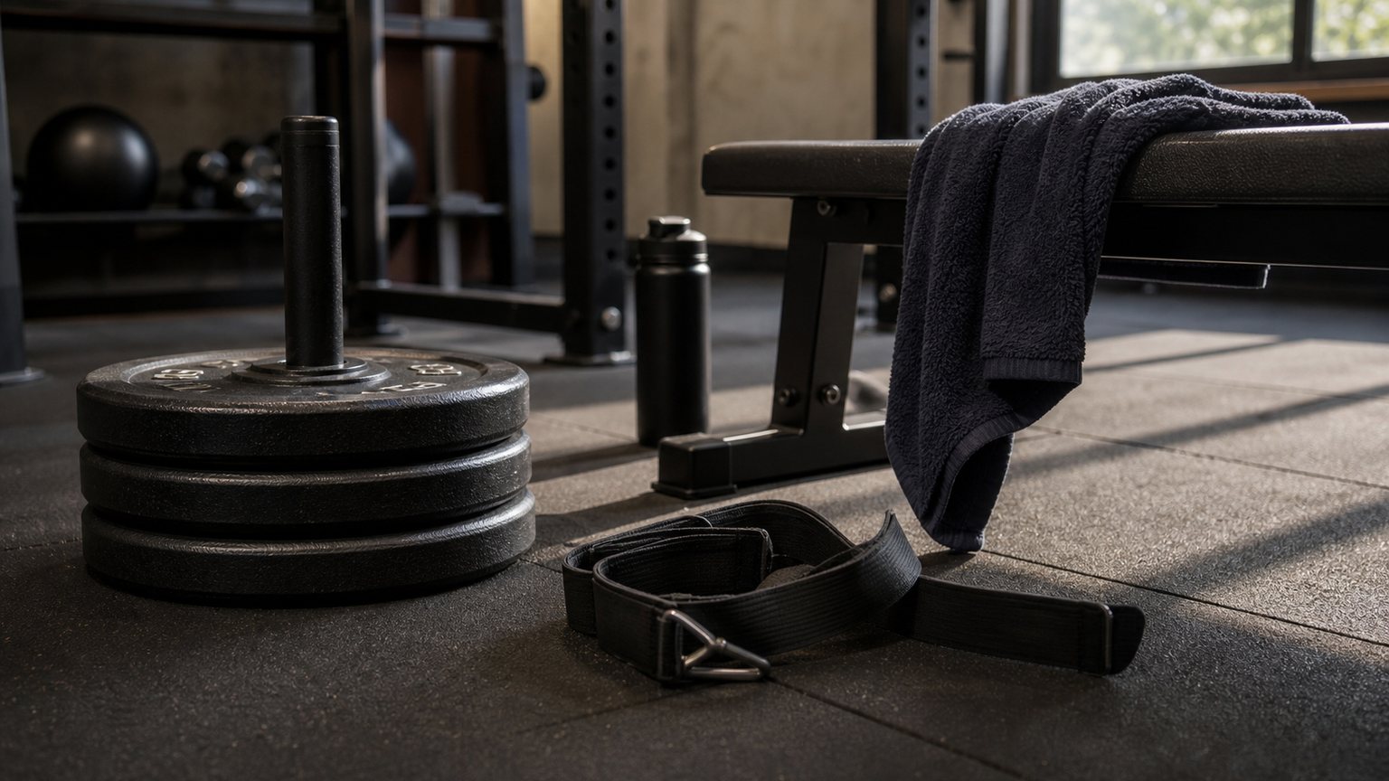 Anilhas, cinta de treino, toalha e banco de muscula&ccedil;&atilde;o em uma academia.